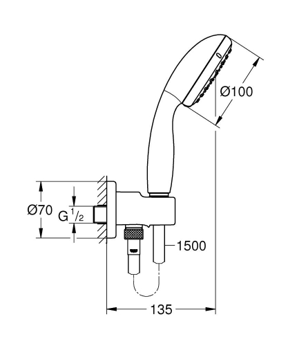 Grohe Temposta 100 El Duşu Askılı Su Çıkış Dirseği, El Duşu ve Spiral Hortum 26406001 - Thumbnail