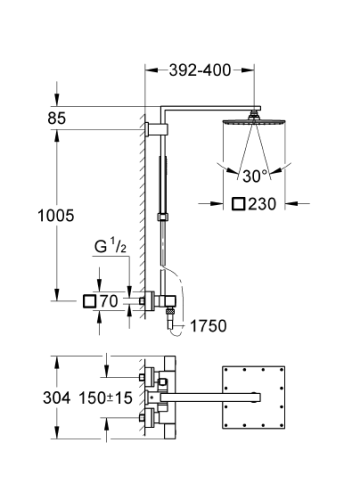 Grohe Euphoria Cube Sistem 230 Duvara Monte Termostatik Duş Bataryalı Duş Sistemi - 26087000 - Thumbnail