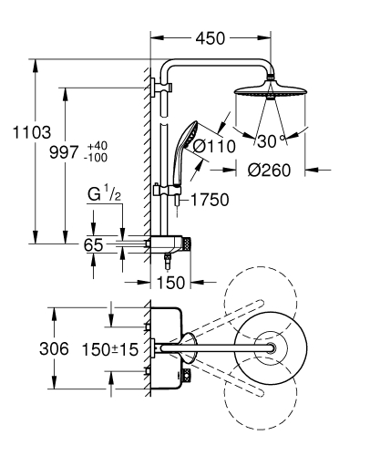 Grohe Euphoria SmartControl System 260 Mono Duvara Monte Termostatik Bataryalı Duş Sistemi - 26509000 - Thumbnail