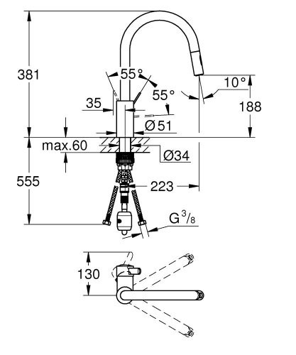 Grohe Eviye Bataryası Spiralli 2 Fonk. EuroCosmo Krom- 31481001 - Thumbnail