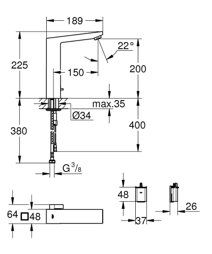 Grohe Fotoselli Lavabo Bataryası Pilli çift su girişli 36441000 - Thumbnail