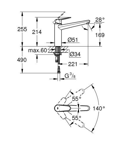 Grohe Eviye Bataryası Döner Borulu Eurodisc Krom - 33770002 - Thumbnail