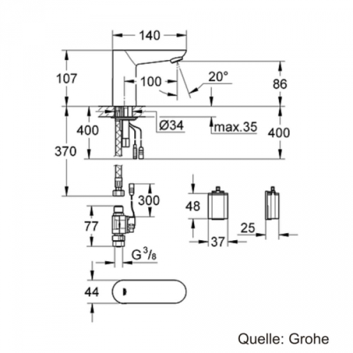 Grohe Fotoselli Lavabo Bataryası Pilli tek su girişli 36271000 - Thumbnail