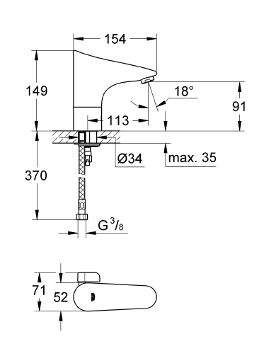 Grohe Europlus E Fotoselli Lavabo Bataryası, Çift Su Girişli Pilli - 36207001 - Thumbnail