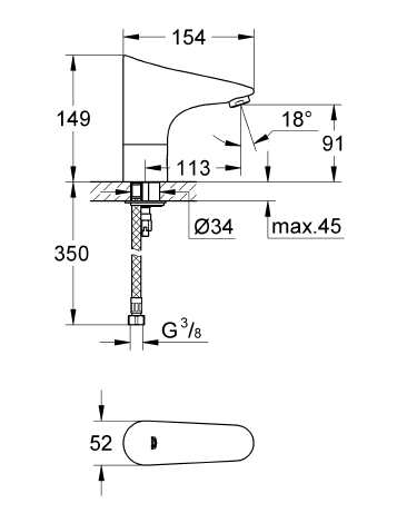 Grohe Europlus E Fotoselli Lavabo Bataryası, Tek Su Girişli Pilli - 36208001 - Thumbnail