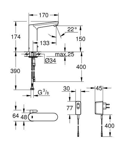 Grohe Fotoselli Lavabo Bataryası Elektrikli çift sugiriş 36421000 - Thumbnail