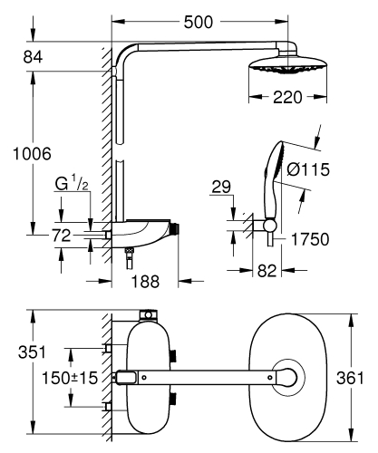 Grohe SmartControl 300 Termostatik Duş Bataryalı Borulu Duş Sistemi - 26250000 - Thumbnail