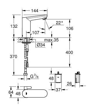 Grohe Eurosmart Cosmopolitan E Fotoselli Lavabo Bataryası, Çift Su Girişli Pilli - 36327001 - Thumbnail