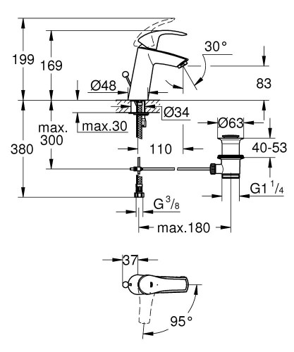 Grohe Lavabo Bataryası Eurosmart M-Boyut Krom - 2339310E - Thumbnail