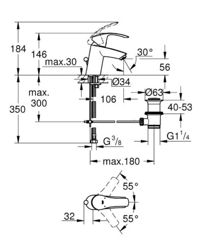 Grohe Lavabo Bataryası Eurosmart S-Boyut Krom - 33265002 - Thumbnail