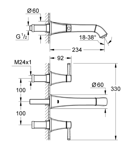 Grohe Lavabo Bataryası Duvar. 3 Delikli Grandera Krom - 20415000 - Thumbnail