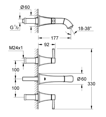 Grohe Grandera 3 Delikli Duvardan Lavabo Bataryası - 20414000 - Thumbnail