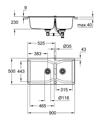 Grohe 700 Kuvars Kompozit Eviye 100 -C 90/50, Granit Gri Rengi - 31658AT0 - Thumbnail