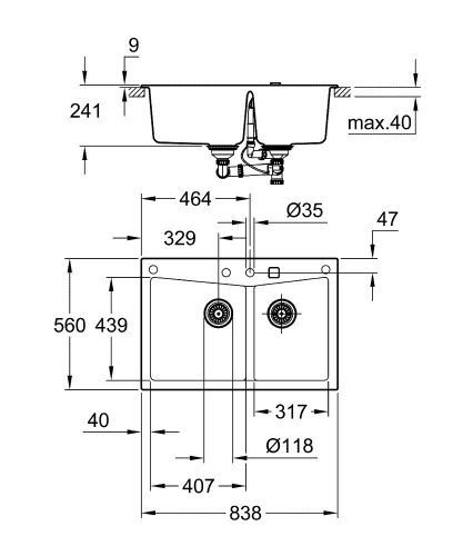 Grohe 700 Kuvars Kompozit Eviye 90 -C 83,8 / 55,9, Granit Gri Rengi - 31657AT0 - Thumbnail