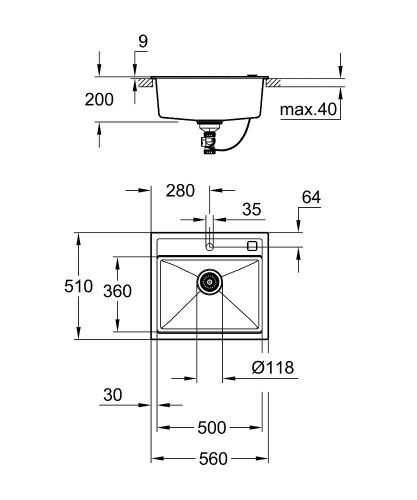 Grohe 700 Kuvars Kompozit Eviye 60 -C 56/51, Granit Siyah Rengi - 31651AP0 - Thumbnail