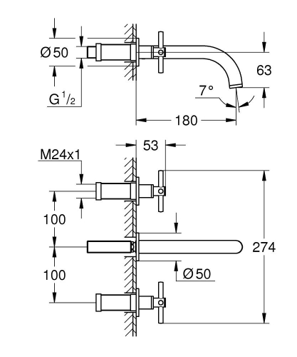 Grohe Atrio 3 Delikli Duvardan Lavabo Bataryası M-Boyut - 20661GL0 - Thumbnail