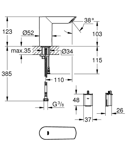 Grohe Bau Cosmo. E Fotoselli, Tek Su Girişli Lavabo Musluğu Pilli-36452000 - Thumbnail