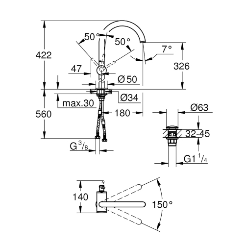 Grohe Çanak Lavabo Bataryası Atrio XL Boyut Krom - 32647003 - Thumbnail