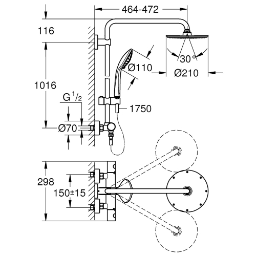 Grohe Duş Batarya Seti Termostatik Tepe + El Duşlu Krom- 27964000 - Thumbnail