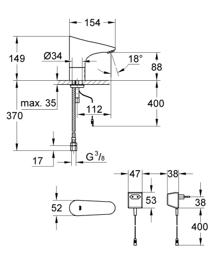 Grohe Fotoselli Lavabo Bataryası Elektrikli Tek Su Giriş 36016001 - Thumbnail