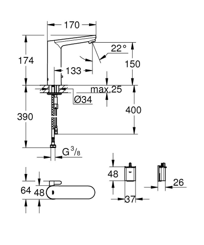 Grohe Eurosmart Cosmo. Fotoselli Lavabo Bataryası, Çift Su Girişli, Pilli-36422000 - Thumbnail