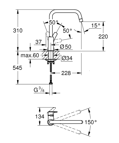 Grohe Eurosmart Eviye Bataryası Mat Siyah - 305672430 - Thumbnail