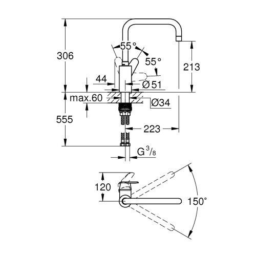 Grohe Eviye Bataryası Döner Borulu Eurodisc Krom - 32259003 - Thumbnail