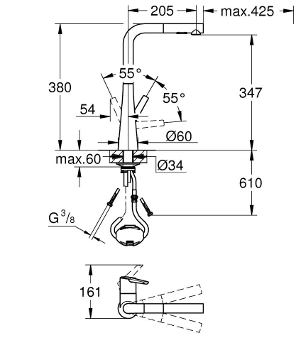 Grohe Eviye Bataryası Spiralli 2 Fonksiyonlu Zedra Krom - 32553002 - Thumbnail