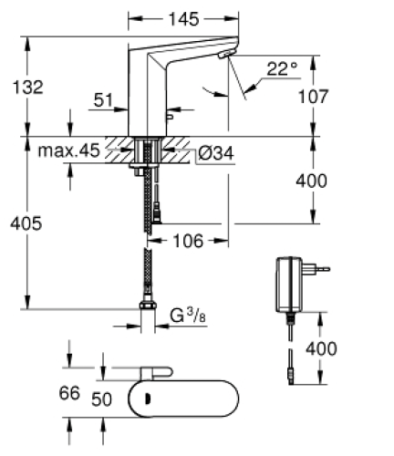 Grohe Fotoselli Lavabo Bataryası Elektrikli Çift Su Giriş Krom - 36325002 - Thumbnail