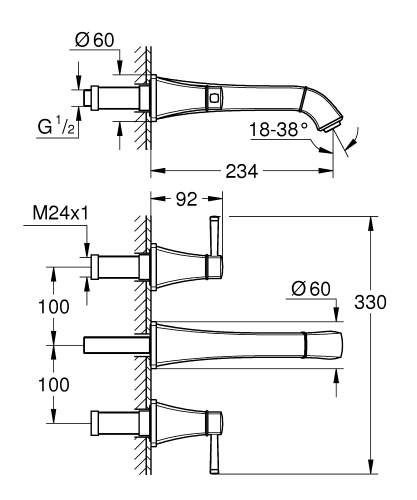 Grohe Grandera 3 Delikli Duvardan Lavabo Bataryası L-Boyut - 20623000 - Thumbnail