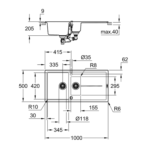 Grohe K400 Kuvars Komp. Eviye 60 -C 100/50, Granit Siyah-31642AP0 - Thumbnail