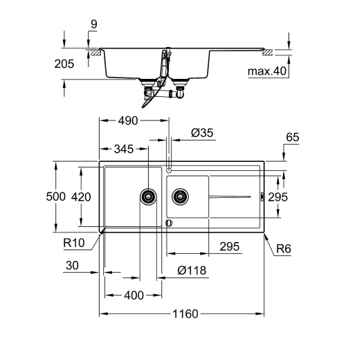 Grohe K400 Kompozit Eviye 60 -C 116/50, Granit Gri - 31643AT0 - Thumbnail