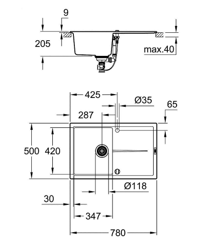 Grohe K400 Kuvars Kompozit Eviye 50 -C 78/50 , Granit Siyah Rengi - 31639AP0 - Thumbnail