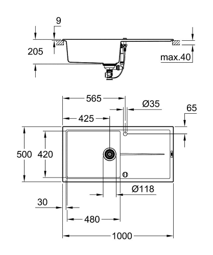 Grohe K400 Kuvars Kompozit Eviye 60 -C 100/50, Granit Gri Rengi - 31641AT0 - Thumbnail