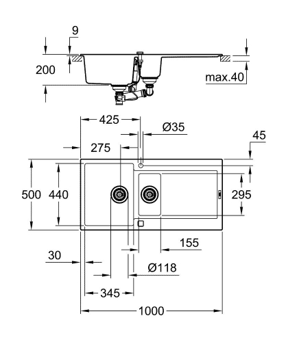 Grohe K500 Kuvars Kompozit Eviye 60 -C 100/50, Granit Gri Rengi - 31646AT0 - Thumbnail