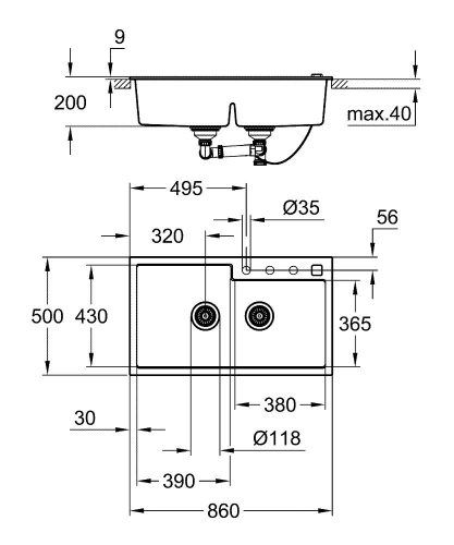 Grohe K500 Kuvars Kompozit Eviye 90 -C 86/50, Granit Gri Rengi - 31649AT0 - Thumbnail