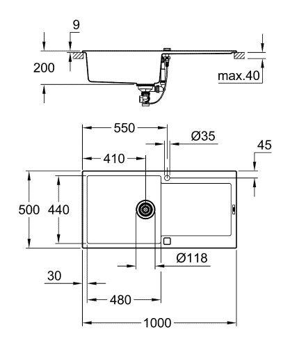 Grohe Eviye K500 Kuvars Kompozit 100 cm Granit Gri - 31645AT0 - Thumbnail