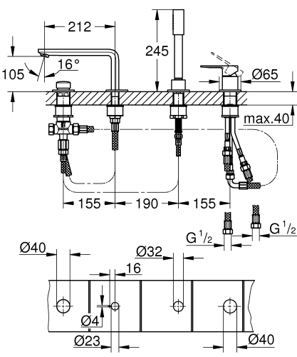 Grohe Küvet Bataryası 4 Delikli Lineare Krom - 19577001 - Thumbnail