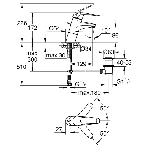 Grohe Lavabo Bataryası Engelli Lavabo İçin Euroeco Krom- 32766000 - Thumbnail