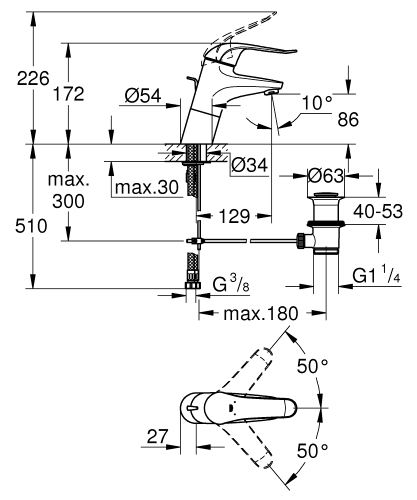 Grohe Lavabo Bataryası Engelli Lavabo İçin Euroeco Krom- 32766000 - Thumbnail