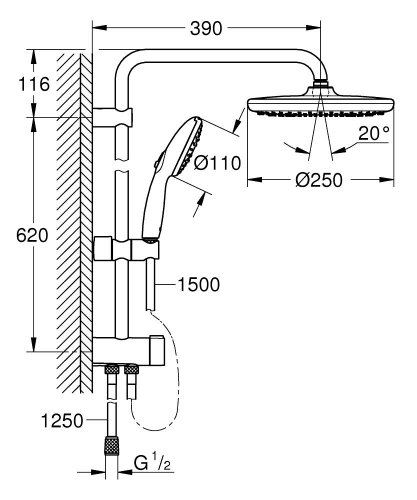 Grohe New Tempesta Sistem 250 Duvar Bağlantılı, Divertörlü Duş Sistemi - 26980001 - Thumbnail