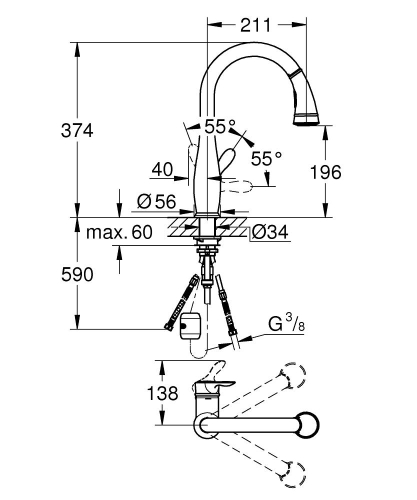 Grohe Eviye Bataryası Spiralli 2 Fonk. Parkfield Krom - 30215001 - Thumbnail