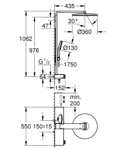 Grohe Rainshower Aqua Pure Duvara Monte Termostatik Bataryalı Duş Sistemi Siyah/Krom - 100964KI00 - Thumbnail