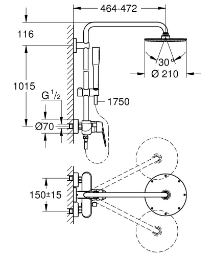 Grohe Eurodisc Cosmo. System 260 Duvara Monte Duş Sistemi-23058003 - Thumbnail