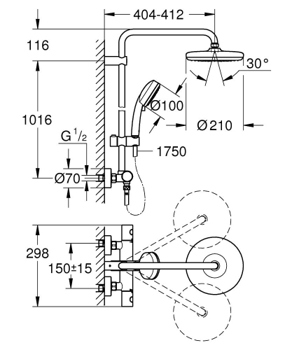 Grohe Tempesta Cosmo. System 210 Duvara Monte Termostatik Bataryalı Duş Sistemi-27922001 - Thumbnail