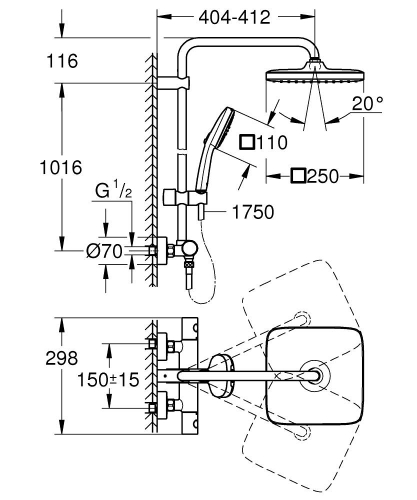 Grohe Tempesta System 250 Cube Duvara Monte Termostatik Bataryalı Duş Sistemi Mat Siyah - 266892431 - Thumbnail