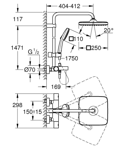 Grohe Tempesta System 250 Cube Duvara Monte Termostatik Bataryalı Duş Sistemi - 26691001 - Thumbnail