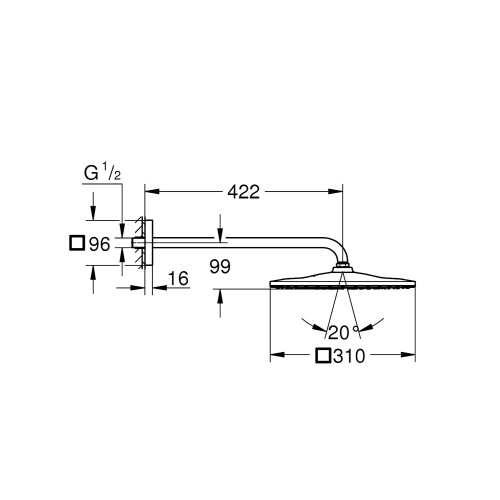 Grohe Tepe Duşu 31x31 cm + Duvardan Dirsek 42 cm Krom - 26563000 - Thumbnail