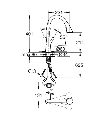 Grohe Eviye Bataryası Spiralli 2 Fonksiyonlu Zedra Krom- 32294002 - Thumbnail