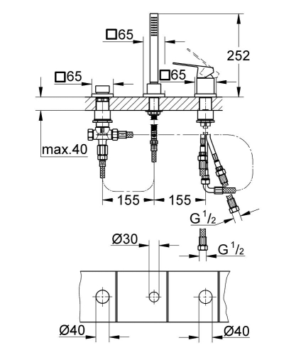 Grohe Eurocube 3 Delikli Küvet Bataryası - 19966000 - Thumbnail